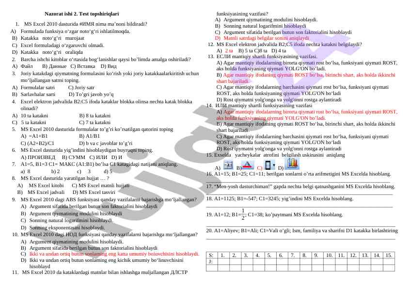 Ms excel 2010 test topsirig'i