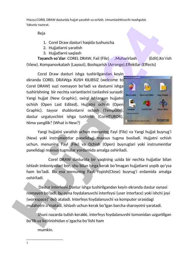 Corel draw dasturida hujjat yaratish va ochish