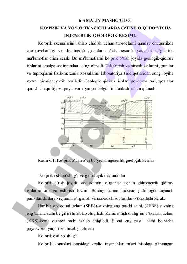 Ko‘prik o‘tish o‘qi boyicha injenerlik-geologik kesimi