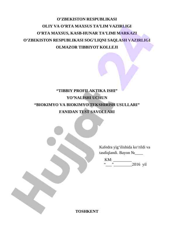 Biokimyo va biokimyo tekshirish usullari test savollari