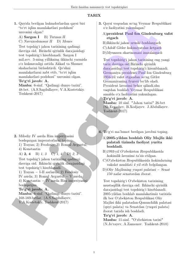 Tarix fanidan namunaviy test topshiriqlari