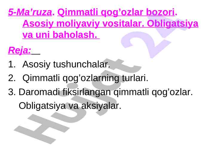 Qimmatli qog'ozlar bozori va obligatsiya baholash
