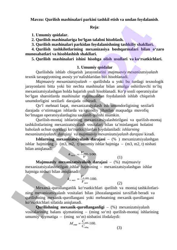Qurilish mashinalari parkini tashkil etish va foydalanish