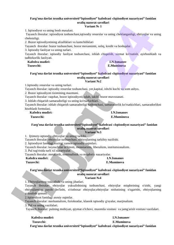 Iqtisodiyot nazariyasi fanidan oraliq nazorat savollari