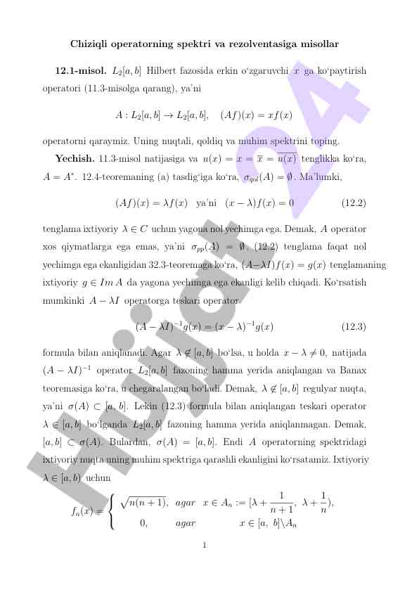 Chiziqli operatorlar spektri va rezolventasi misollari