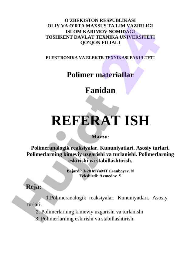 Polimer analogik reaksiyalar kununiyatlari