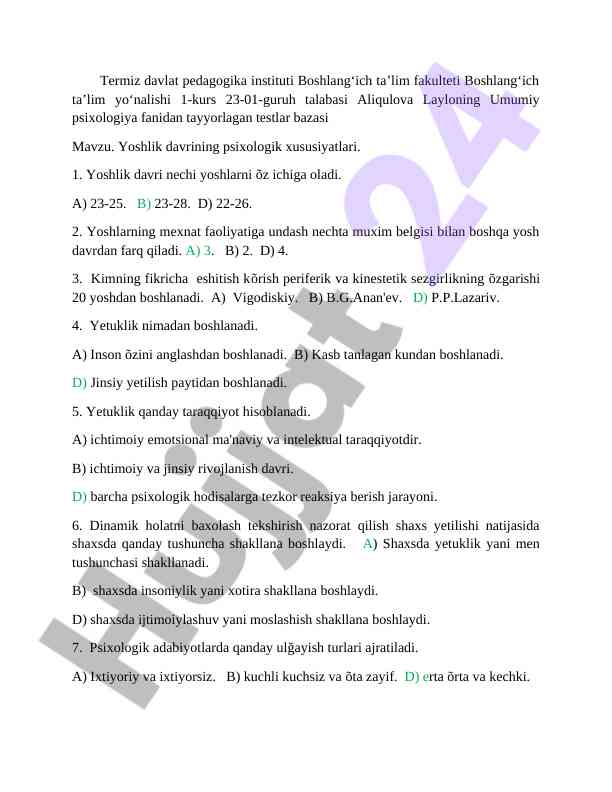 Yoshlik davrining psixologik xususiyatlari