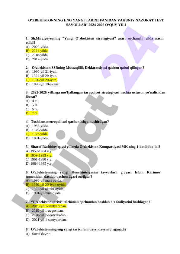 O‘zbekiston tarixi fanidan yakuniy nazorat test savollari