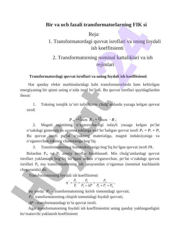 Transformatorlardagi quvvat isroflari tahlili