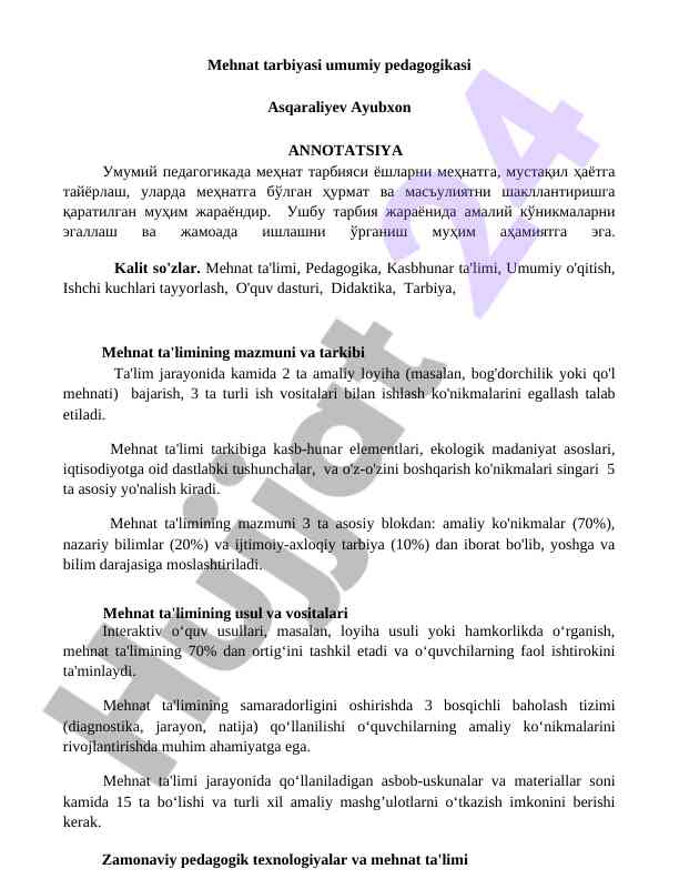 Mehnat tarbiyasi umumiy pedagogikasi tafsilotlari