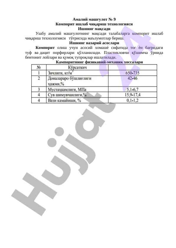 Компорит ишлаб чиқариш технологияси бўйича амалий машғулот