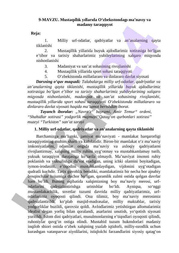 Mustaqillik yillarida o‘zbekistonda madaniyat rivoji