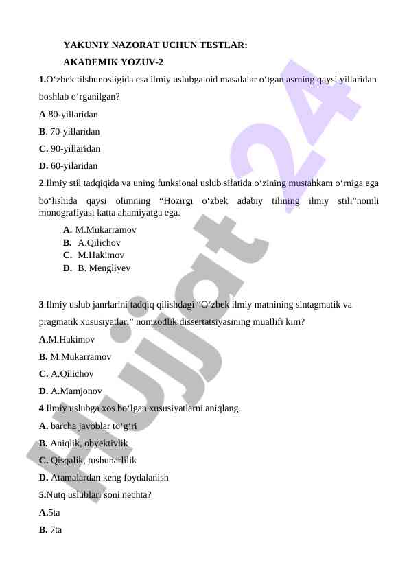 O‘zbek tilshunosligida ilmiy usulga oid testlar