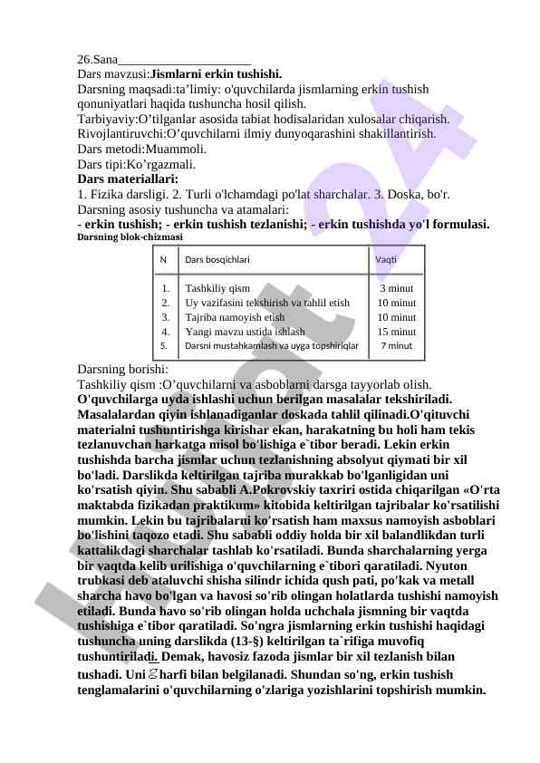 Jismlarni erkin tushishi mavzusi bo'yicha dars