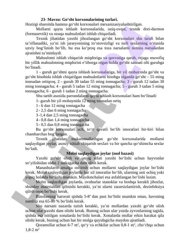 Go‘sht korxonalarining turlari va mexanizasiyalash