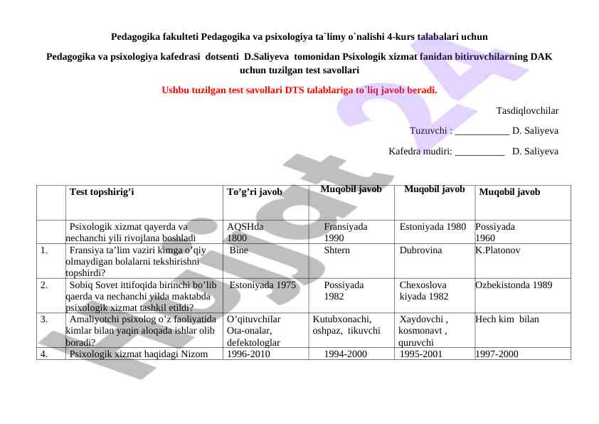 Psixologik xizmat fanidan test savollari