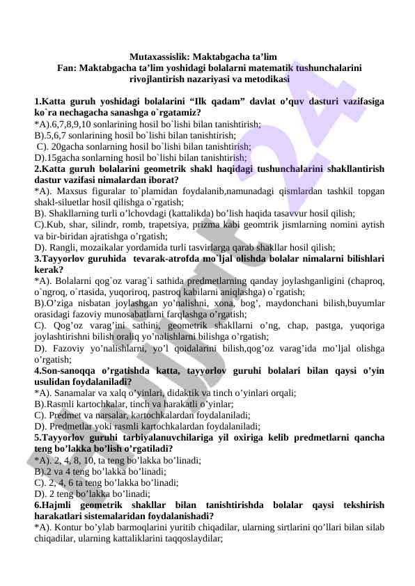 Maktabgacha ta’limda matematik tushunchalar rivojlantirish