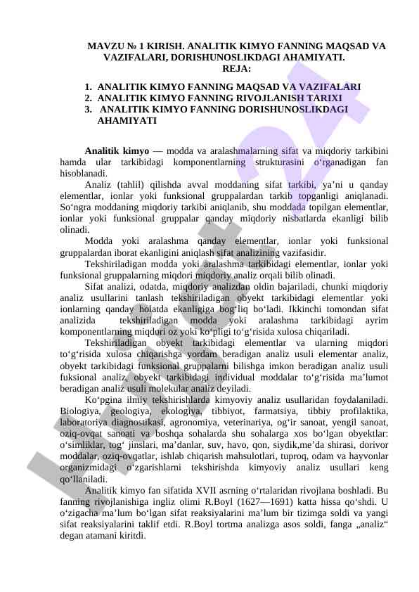 Analitik kimyo fanning maqsad va vazifalari