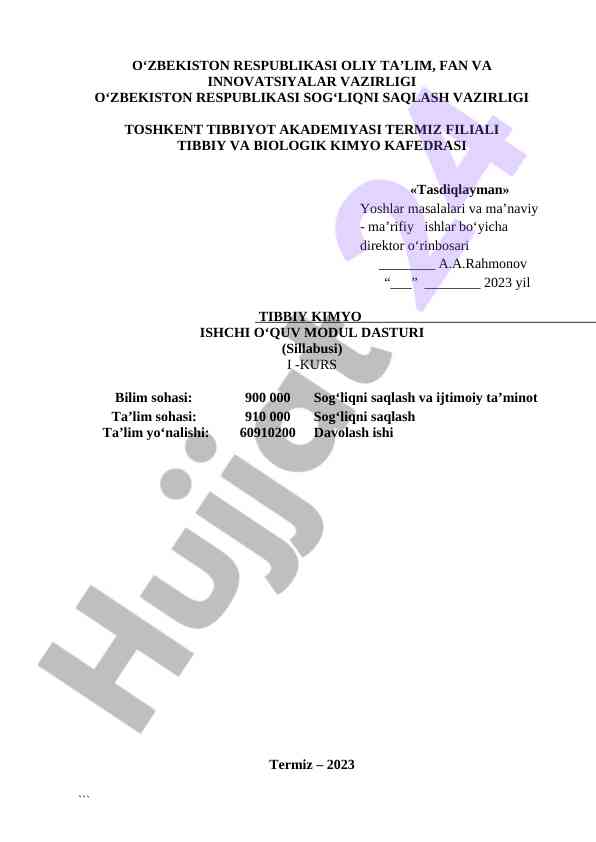 Tibbiy kimyo ishchi o‘quv modul dasturi