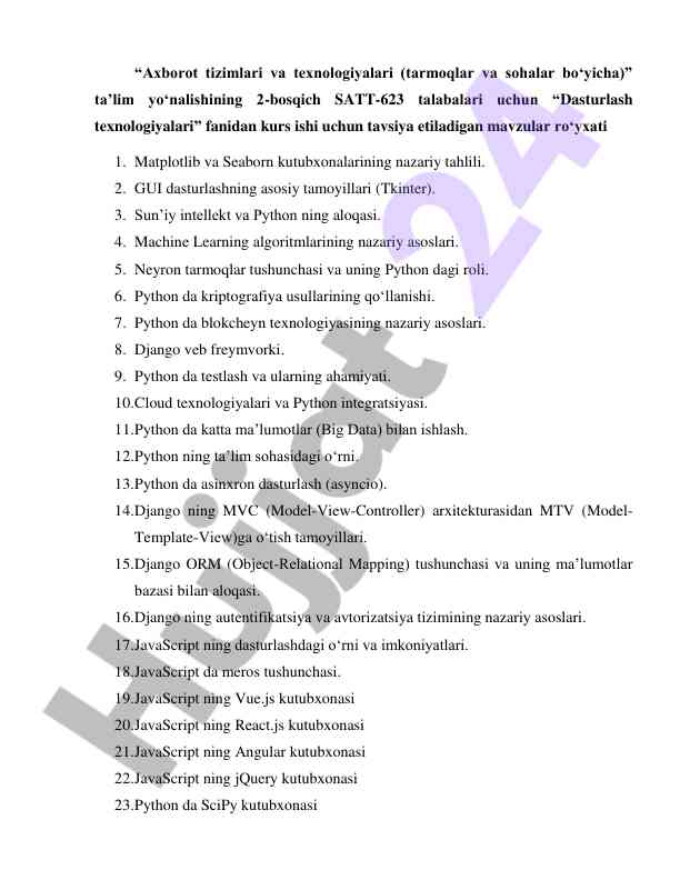 Dasturlash texnologiyalari mavzulari tavsiyasi