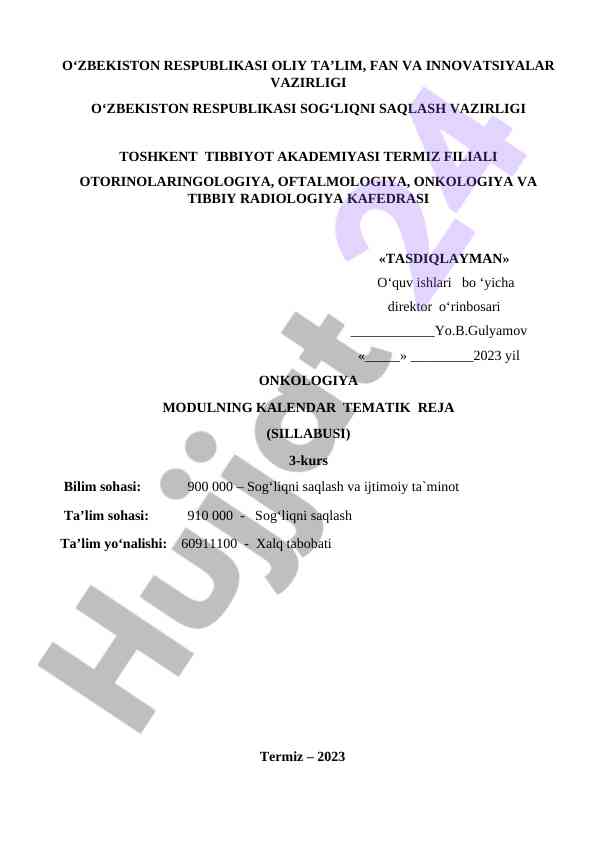 Akademik guruhlar uchun onkologiya modul rejasi