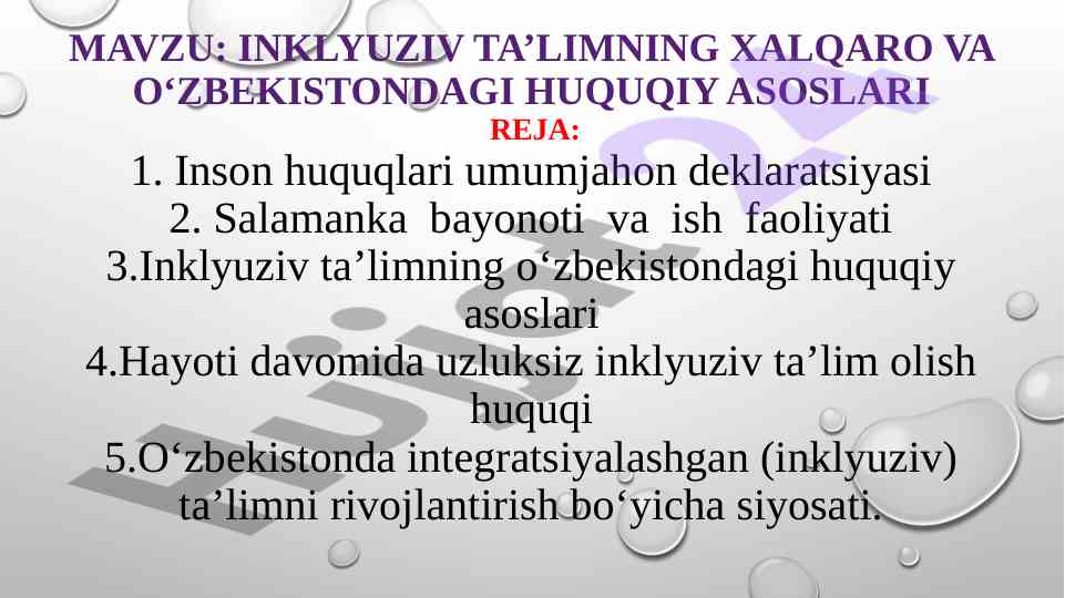 Inklyuziv ta'limning xalqaro va o'zbekistondagi huquqiy asoslari