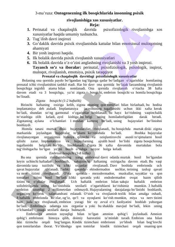 Ontogenezning ilk bosqichlarida psixik rivojlanish