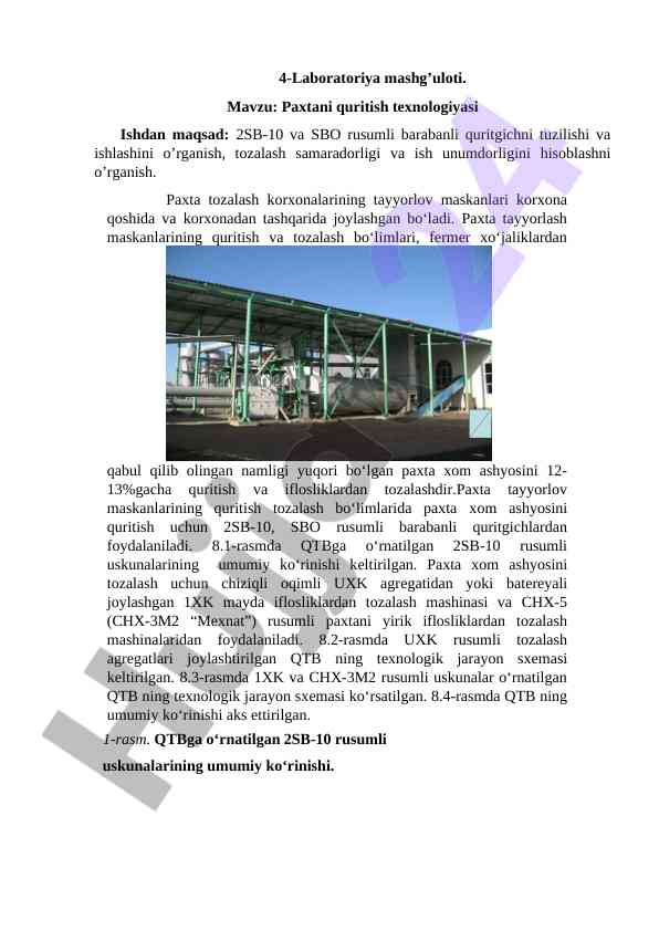Paxtani quritish texnologiyasi laboratoriya mashg‘uloti