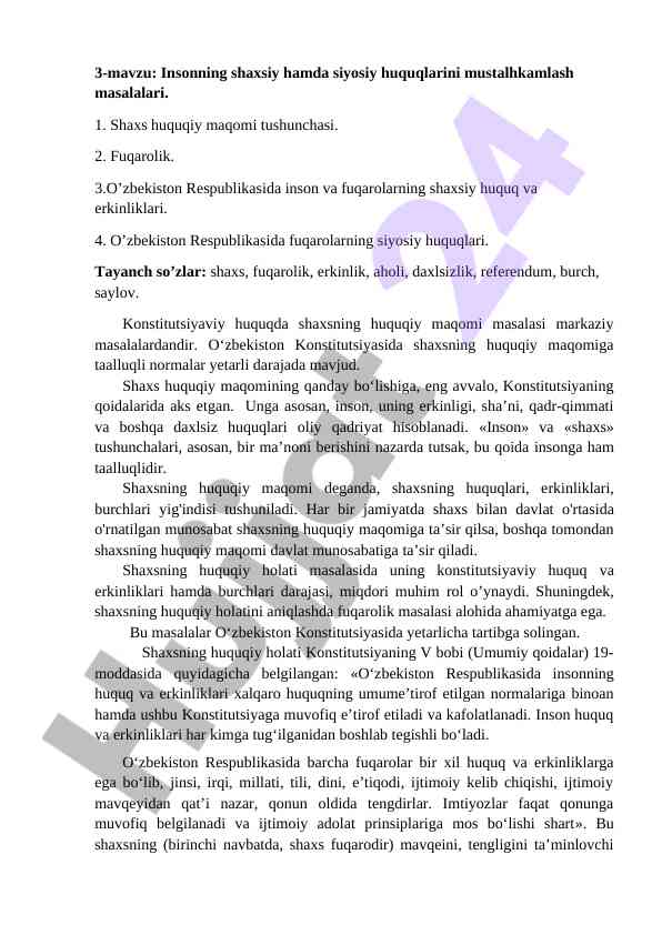 Insonning huquqlari va erkinliklarini mustahkamlash