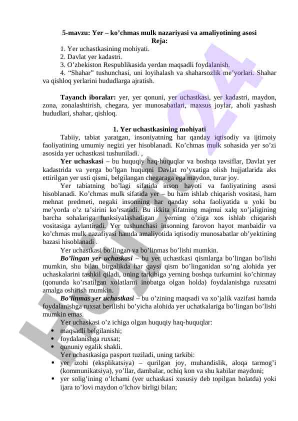 Yer ko’chmas mulk nazariyasi va amaliyoti asoslari