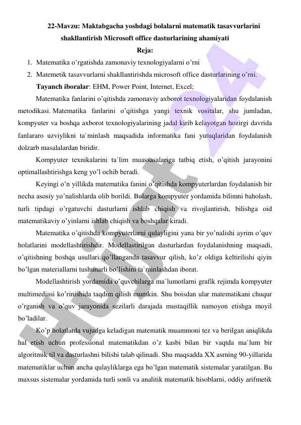 Matematik tasavvurlarni shakllantirishda microsoft office