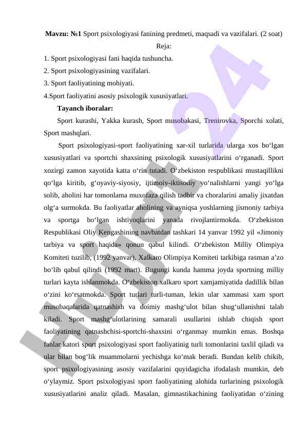 Sport psixologiyasi fanining maqsadi va vazifalari