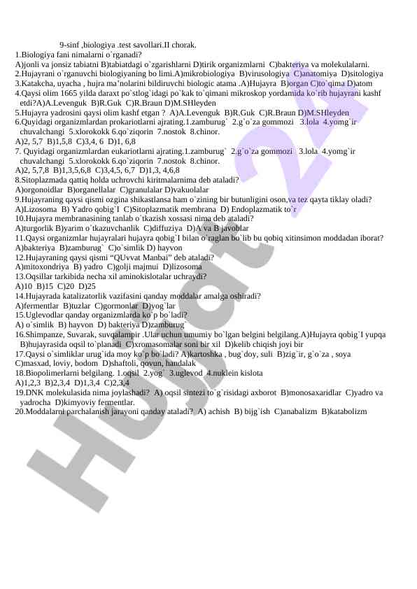 Biologiya 9-sinf test savollari ii chorak