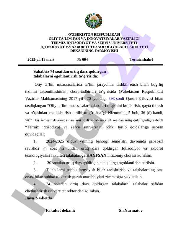 Dars qoldirish tizimi va talabalar bilan ishlash