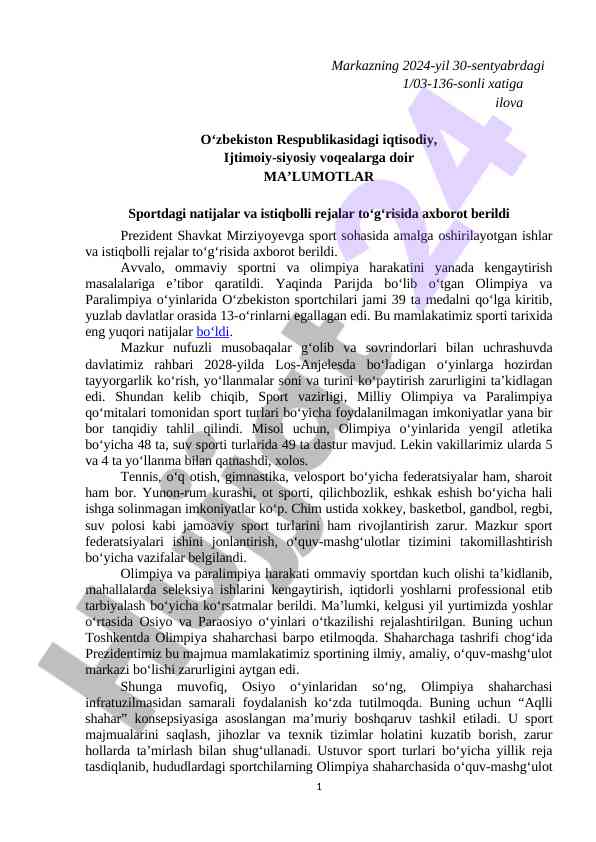 O'zbekiston sporti va olimpiya rejalarining tahlili