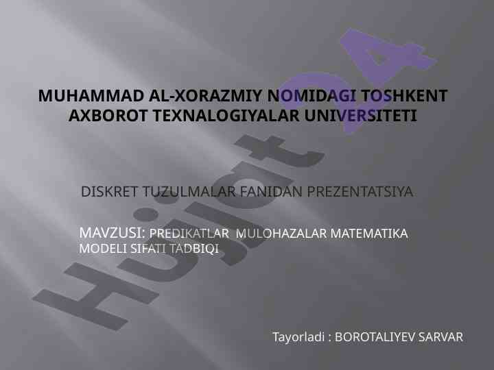 Predikatlar mulohozalar matematikasi modeli sifati