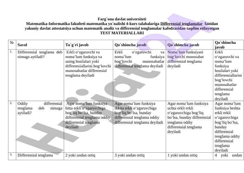 Differensial tenglamalar fanidan test materiallari
