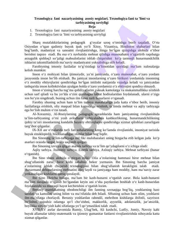 Texnologiya fani nazariyasi asoslari va tarbiya