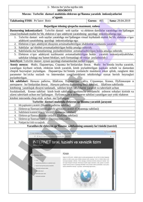 Turbosite dasturi muhitida elektron qo‘llanma yaratish