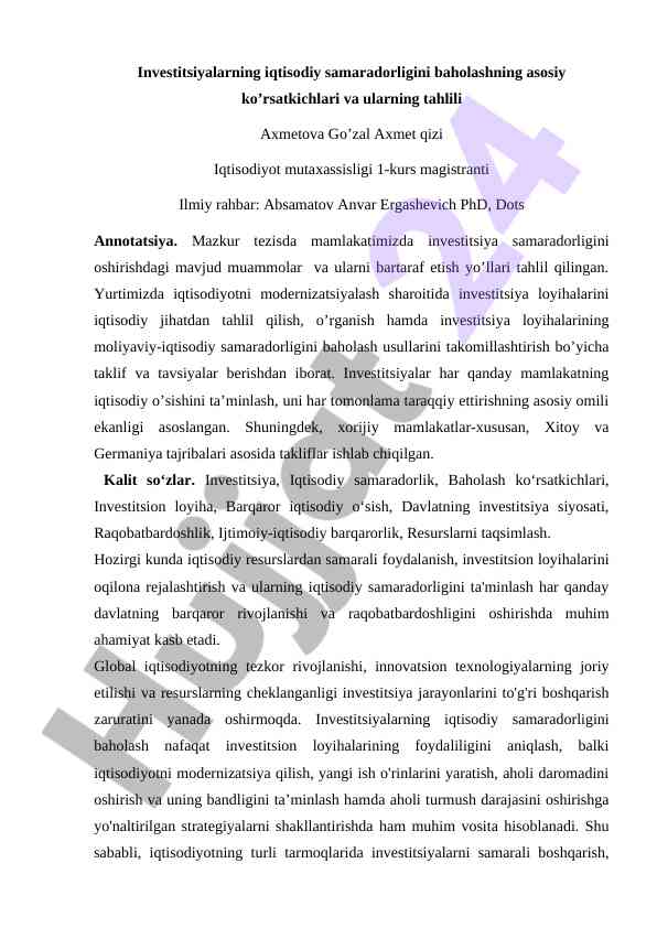 Investitsiyalarning iqtisodiy samaradorligini baholash
