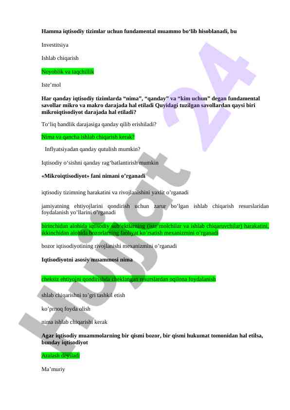 Mikroiqtisodiyot fanining asosiy muammolari