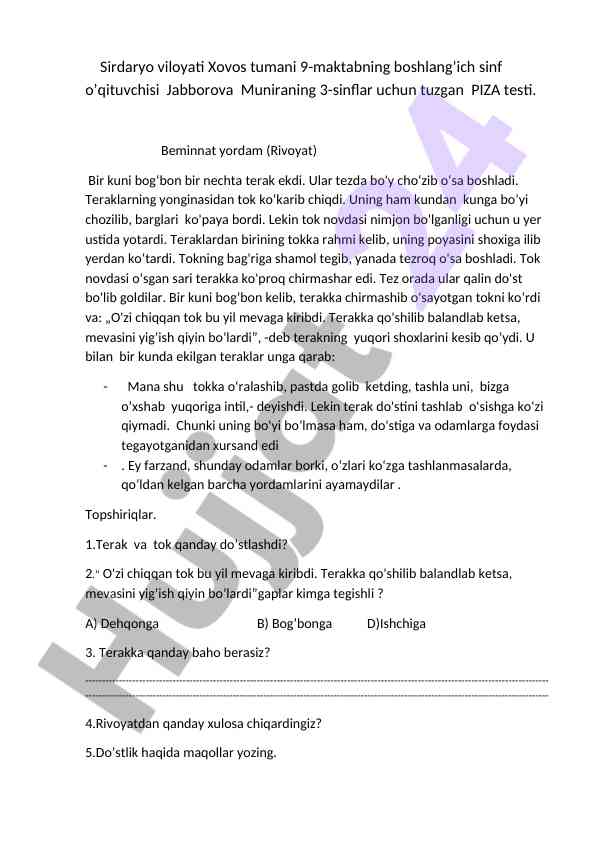 Piza testi 3-sinflar uchun boshlang'ich ta'lim