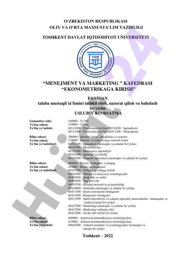 Uslubiy ko‘rsatma: ekonometrikaga kirish