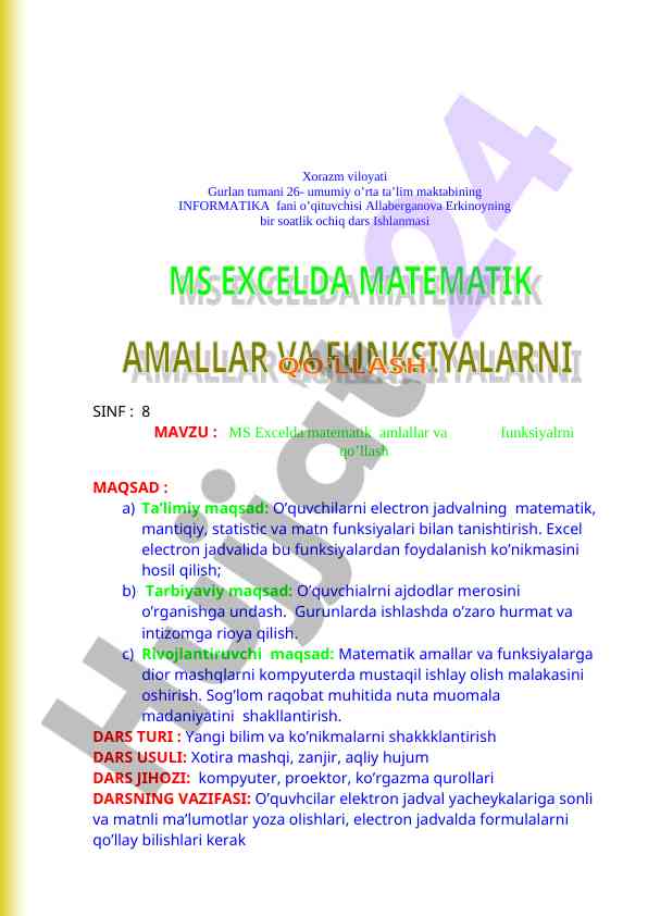 Ochiq dars ishlanmasi: ms excelda funksiyalarni qo‘llash
