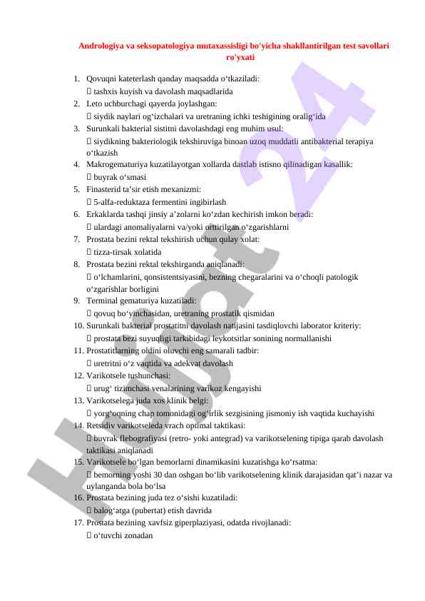 Andrologiya va seksopatologiya test savollari