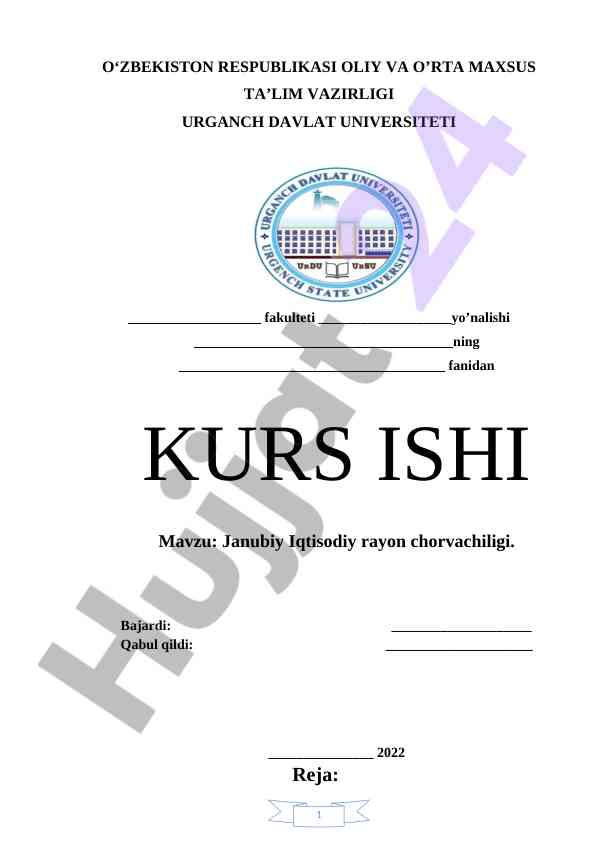 Janubiy iqtisodiy rayon chorvachiligi bo‘yicha kurs ish