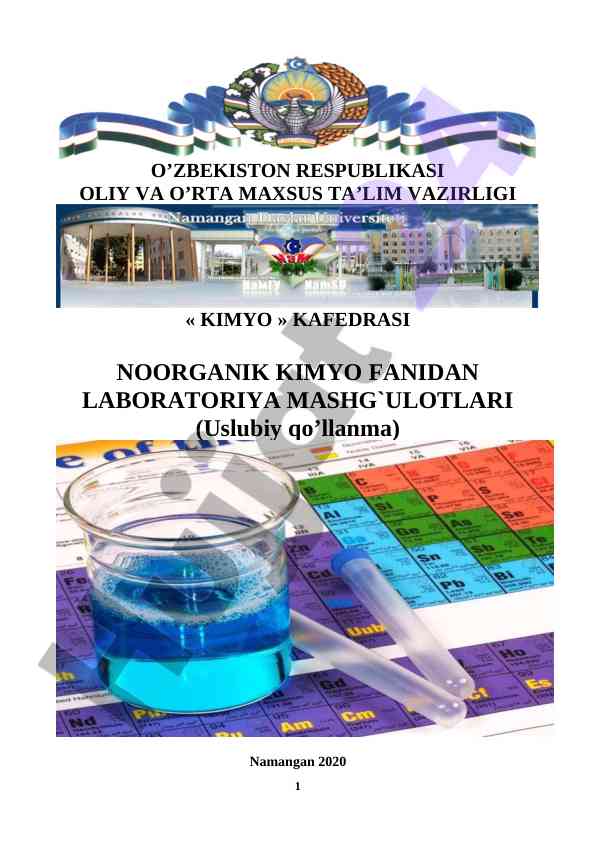 Noorganik Kimyo Fanidan Laboratoriya Mashg’ulotlari