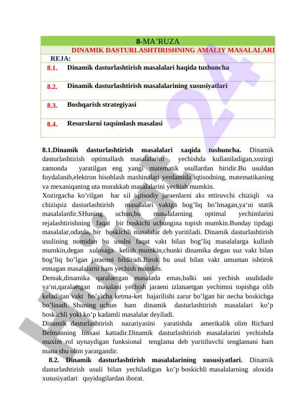 Dinamik dasturlashtirishning amaliy masalalari
