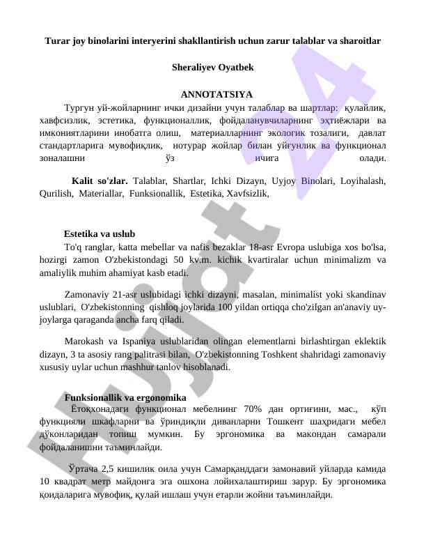 Turli joy binolarining ichki dizayni bo'yicha talablar