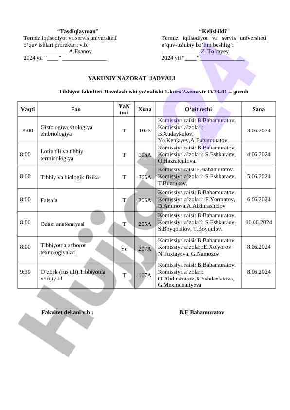 Yakuniy nazorat jadvali tibbiyot fakulteti